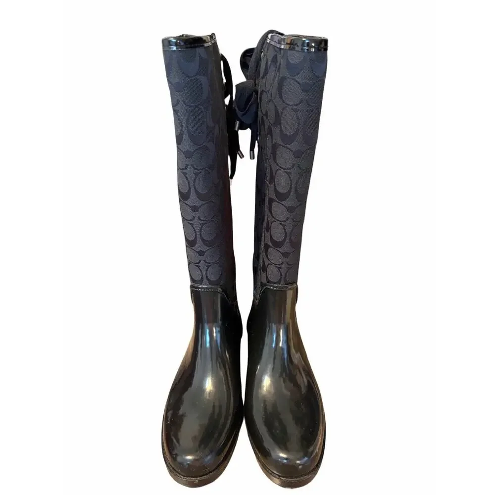 Coach Tristee Black Signature Rubber Rain Boots Back Lace Up size 10 Lined